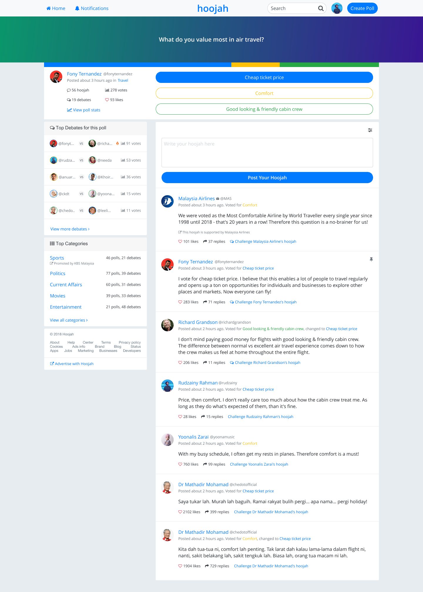 Poll page showing user interactions