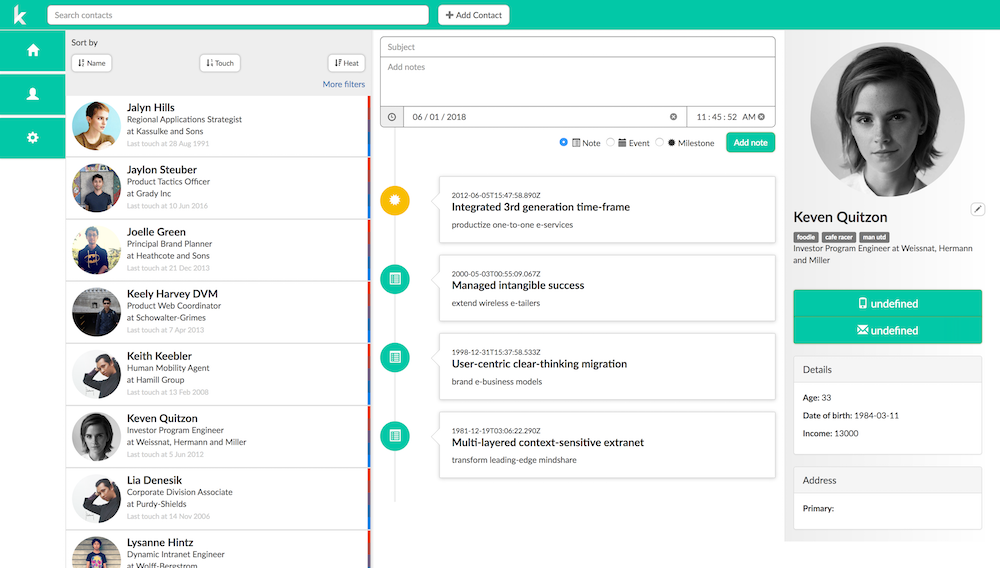 A contact page expanded to show contacts history and details.